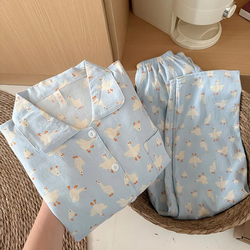 Women's Kawaii Goose Print Y2K Pajamas Set | Korean Fashion Lapel Neck Autumn Loungewear