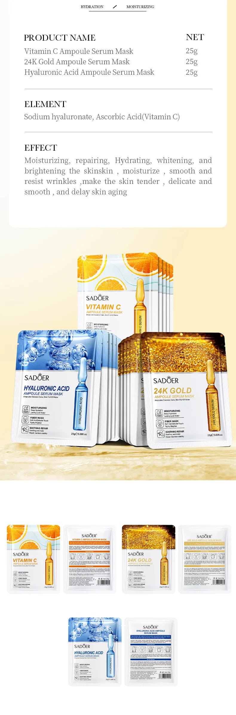 SADOER 24K Gold Vitamin C Hydrating Face Masks — Multi-Pack