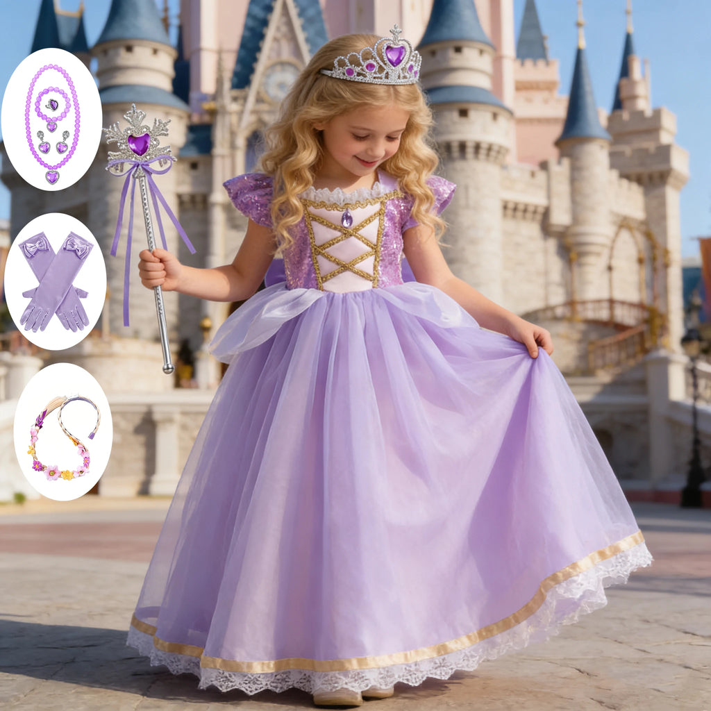 Girls Rapunzel Princess Costume Dress — Purple Puffy Halloween & Birthday Party Dress