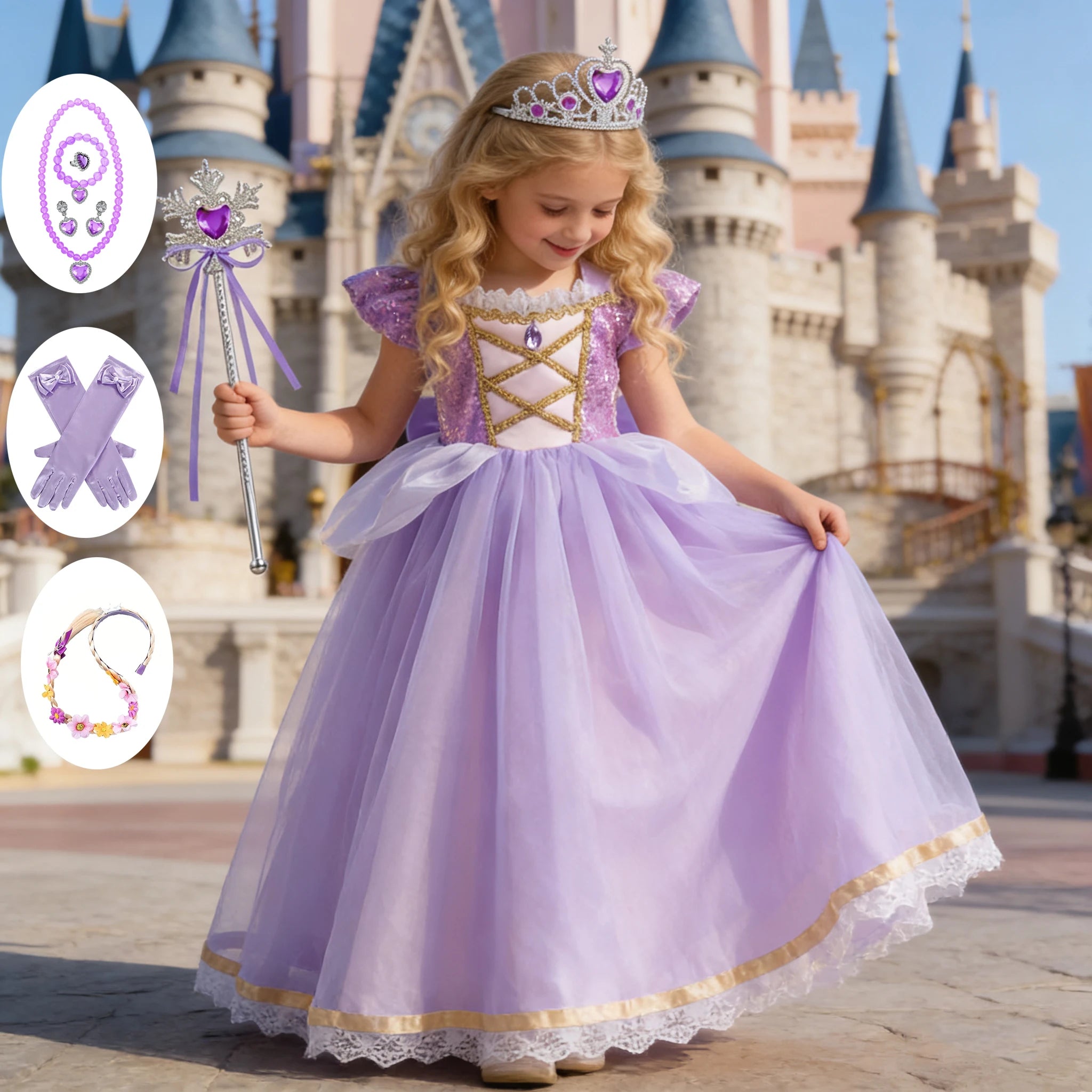 Girls Rapunzel Princess Costume Dress — Purple Puffy Halloween & Birthday Party Dress
