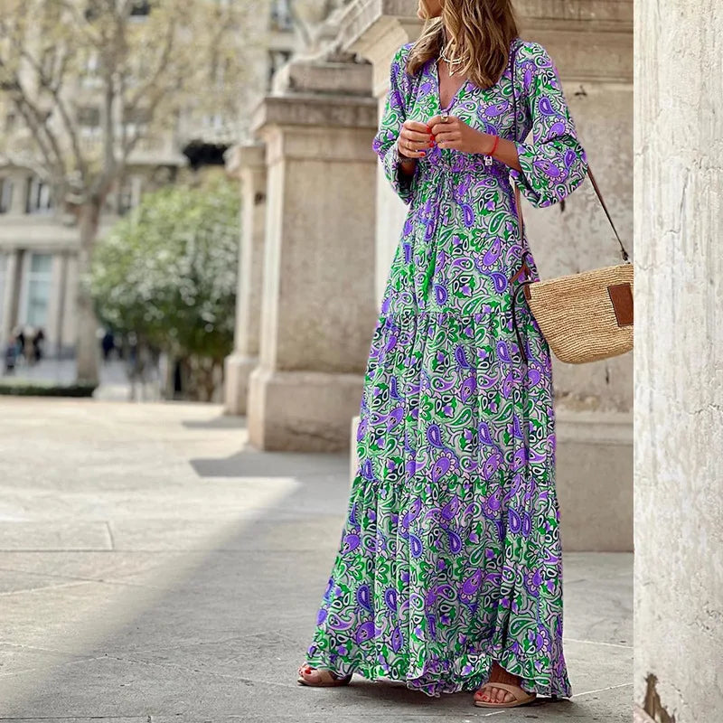 Women's Printed V-Neck Long Sleeve Bohemian Midi Dress – High Waist Elastic Waist Dress