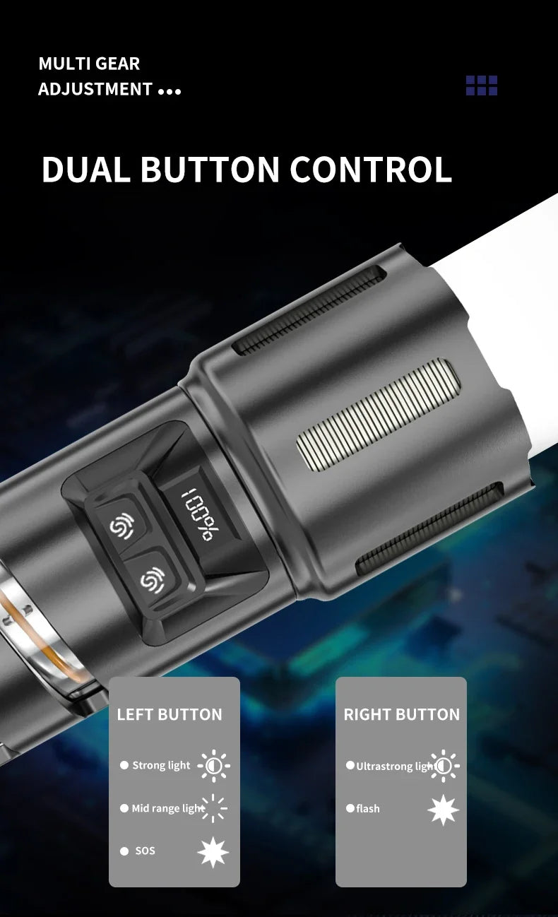XHP360 Military-Grade 2-in-1 Super High Power Flashlight – 36-Core Zoomable Waterproof Rechargeable Torch with Safety Hammer