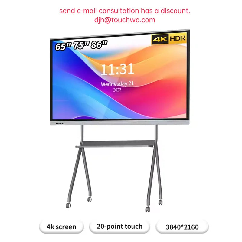 TouchWo 4K Interactive Whiteboard Smart Board – 65"/75"/86", 20-Point Touch, Android/Win i3/i5/i7, On Wheel