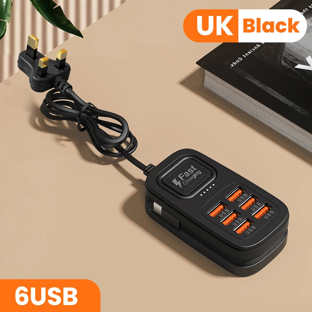 6-Port USB Fast Charging Station – 3 USB-C + 3 USB-A, Desktop Power Strip Hub, EU/UK/US Plug