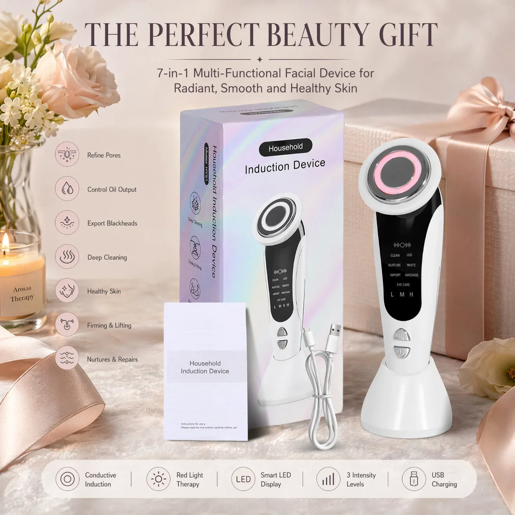 7-in-1 LED Facial Beauty Device – Cleansing, Serum Infusion, LED Light Therapy & Eye Care Massager