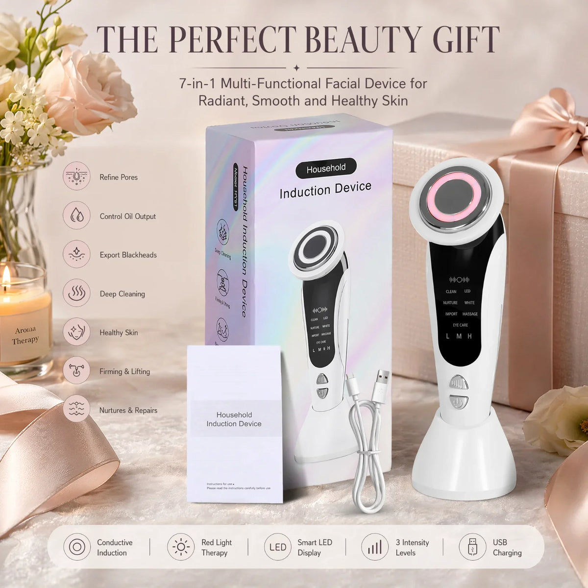 7-in-1 LED Facial Beauty Device – Cleansing, Serum Infusion, LED Light Therapy & Eye Care Massager