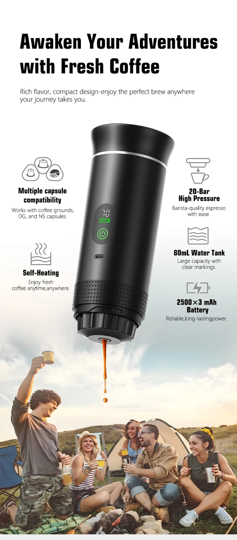 DENOKIN Portable Espresso Coffee Maker – 3-in-1 Capsule Machine with Digital Display for Car, Home & Camping