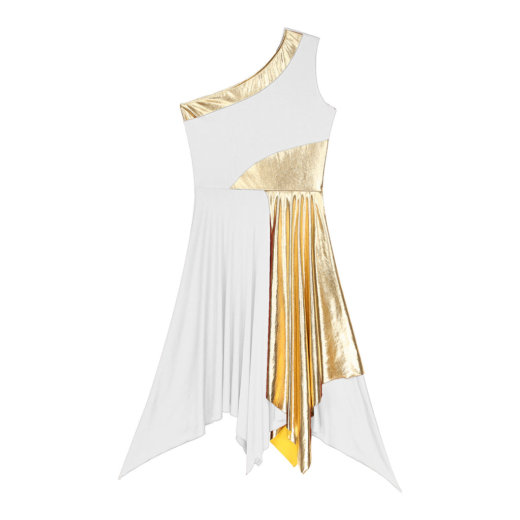 One Shoulder Irregular Hem Dance Performance Dress — Lyrical Worship Dancewear Costume
