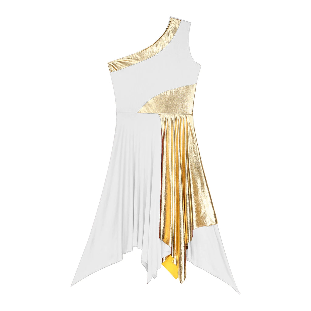 One Shoulder Irregular Hem Dance Performance Dress — Lyrical Worship Dancewear Costume
