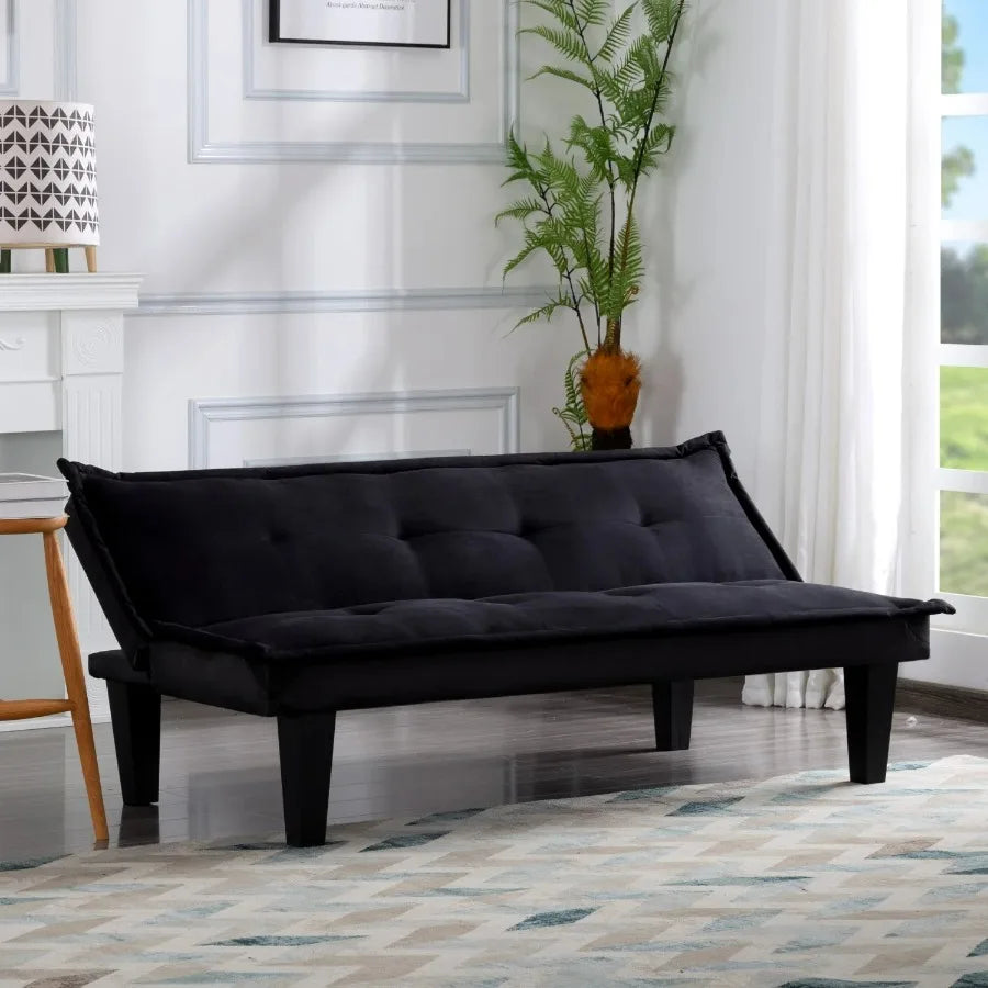 Gewnee 63.8" Futon Sofa Bed | Black Convertible Sleeper Couch, 3-Position Backrest, Faux Suede, Small Spaces
