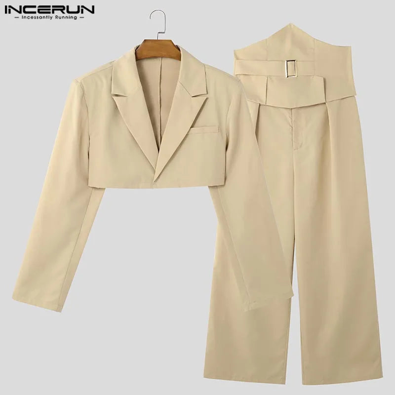 Men's Cropped Waistband Wide Leg Pants & Top Solid 2-Piece Set S–5XL – Handsome Casual Suit