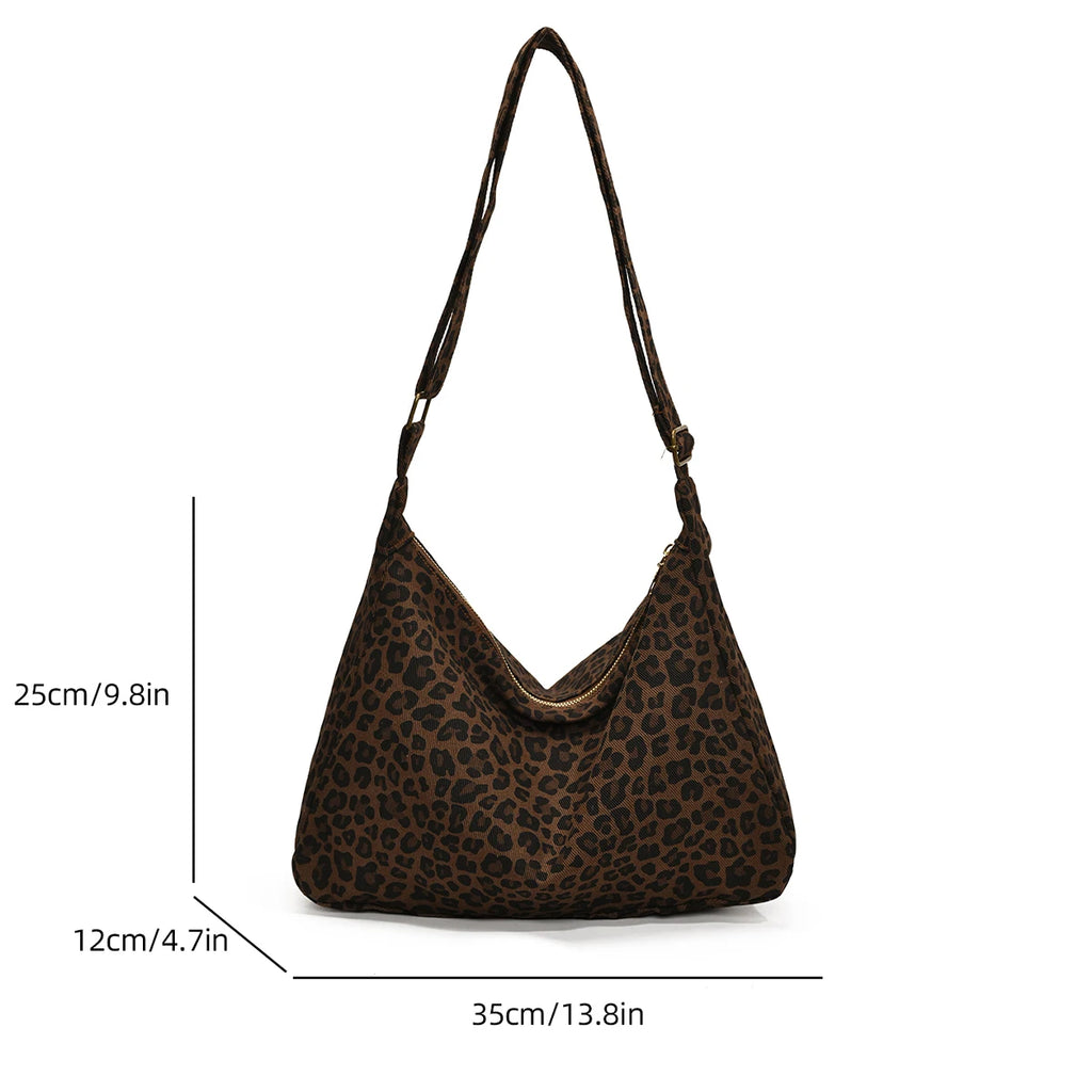 Trendy Casual Soft Textile Women's Shoulder Bag Large Capacity Leopard Print Female Retro Crossbody Bag For Commute Outings