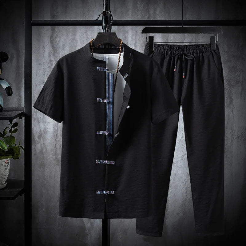 Men's 100% Cotton Linen Short Sleeve Shirt & Drawstring Pants Set