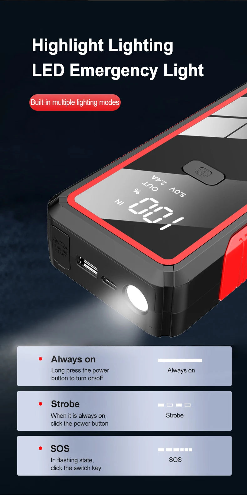 EAFC Portable Car Jump Starter — 600A–2000A Peak, 12V Battery Booster & Power Bank with LED Light