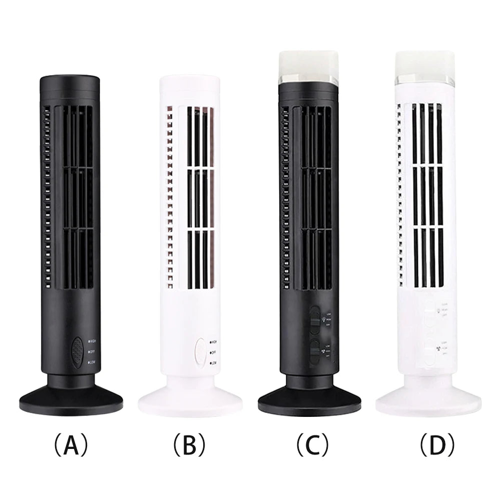 LED Bladeless Tower Fan — USB Powered, 2-Speed, Safe for Kids & Pets, Space-Saving Design