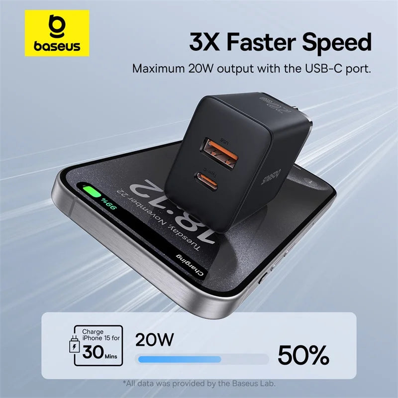 Baseus 20W USB-C Fast Charger — Compact PD Wall Adapter for iPhone & Android