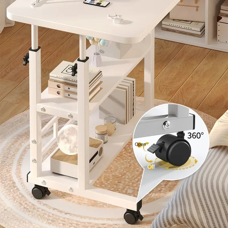 Mobile Adjustable Height Desk with Storage Shelf — Rolling Bedside Desk, Optional USB Fan & Light, 60–90cm