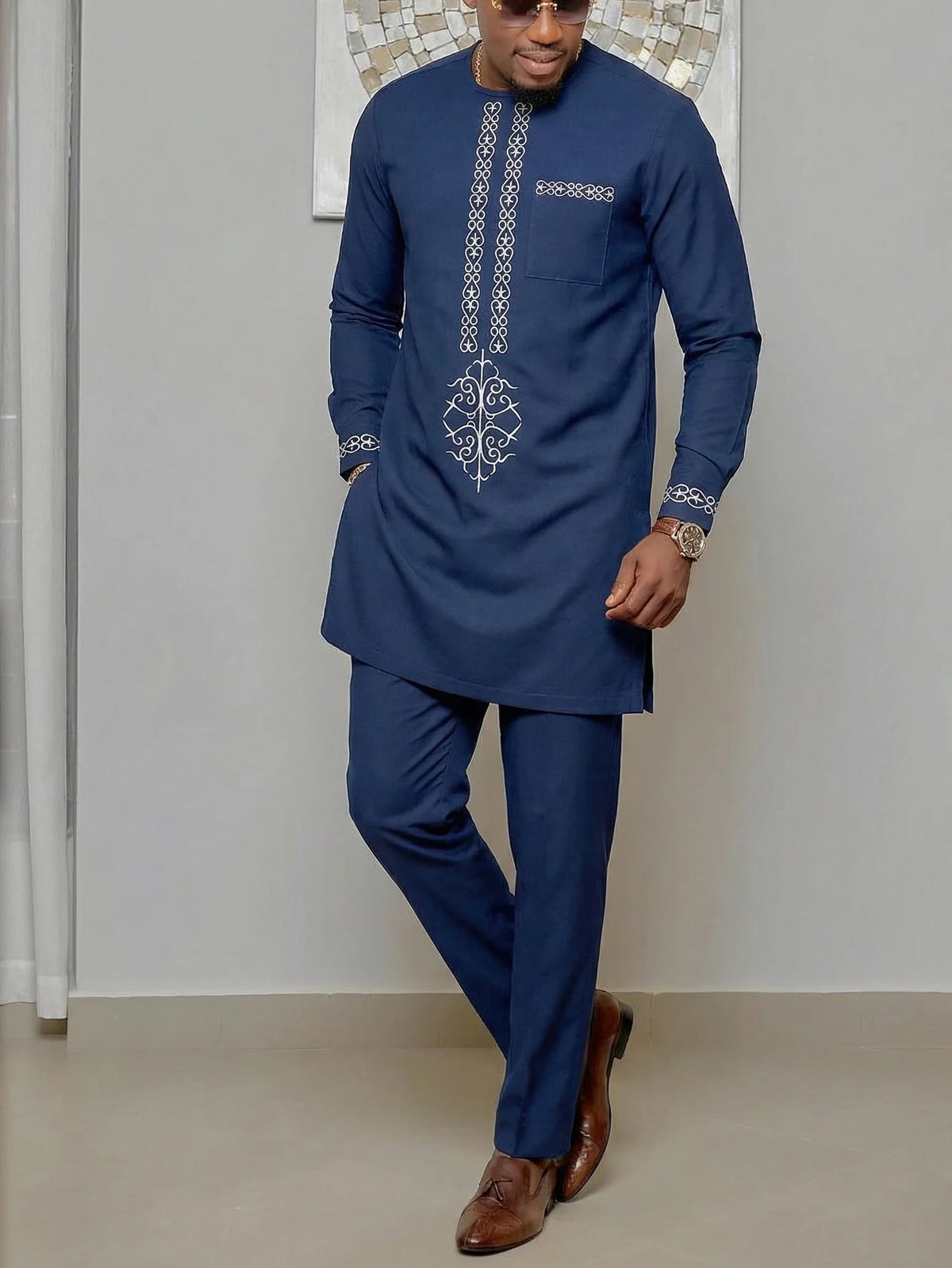 Men's African Kaunda Kaftan Long Sleeve Top & Pants 2-Piece Suit – Traditional Ethnic Wear