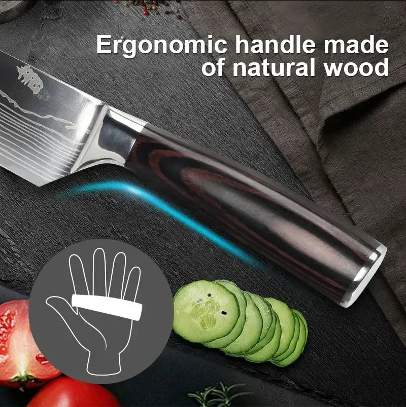 Damascus Kitchen Knife Set — Japanese Santoku, Cleaver, Slicing & Boning Knives