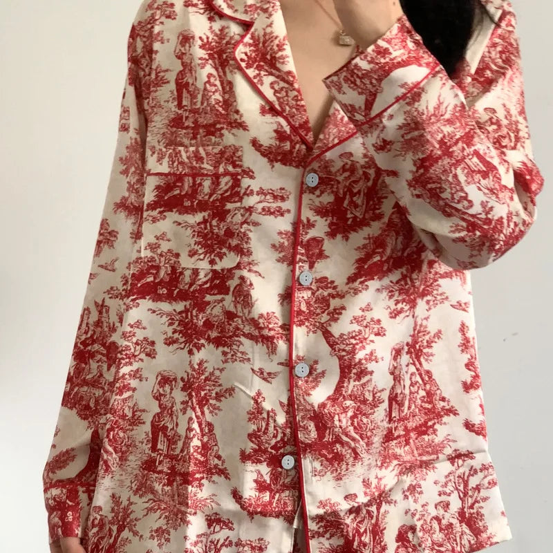 Women's Floral Print Satin 2-Piece Pajama Set | Loose Lounge Wear Homewear Suit