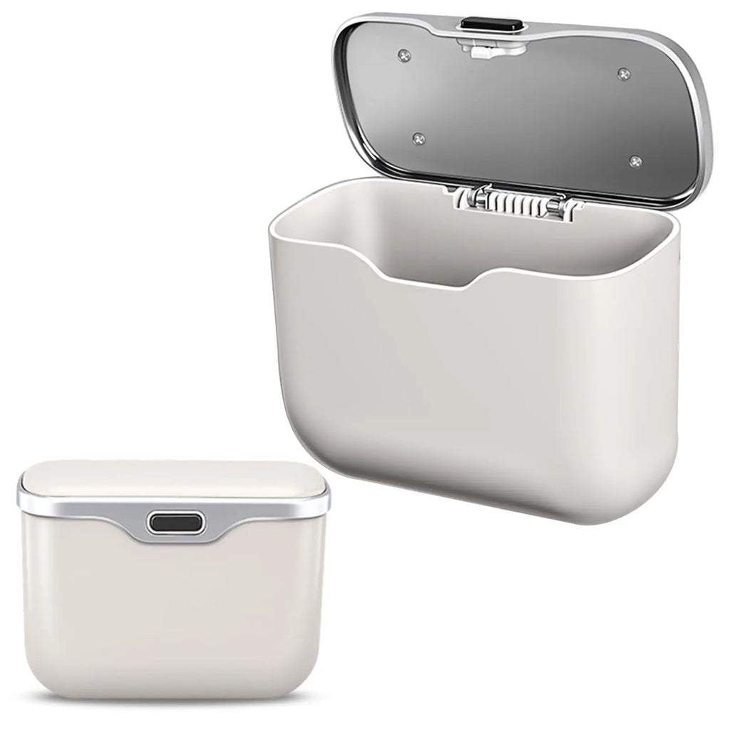 Two modern plastic storage containers with rounded rectangular shapes, shown on a clean white background. One container is open, revealing a silver interior and latch mechanism, while the other is closed, showing a silver lid with a small dark rectangular slot on top.
