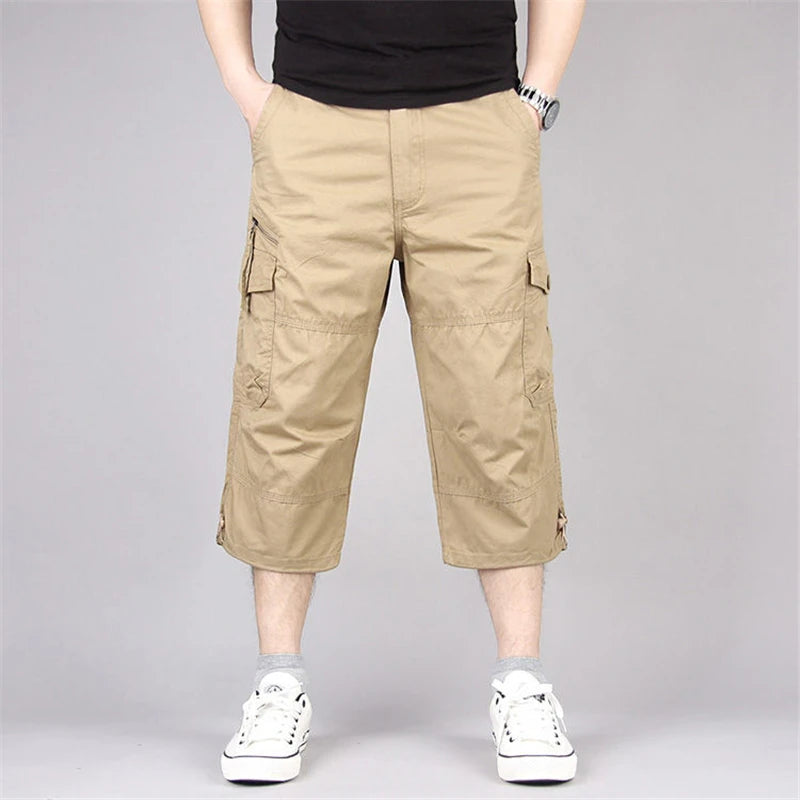 Men's Long Cargo Shorts — Multi-Pocket Military Tactical Cotton Capri Pants