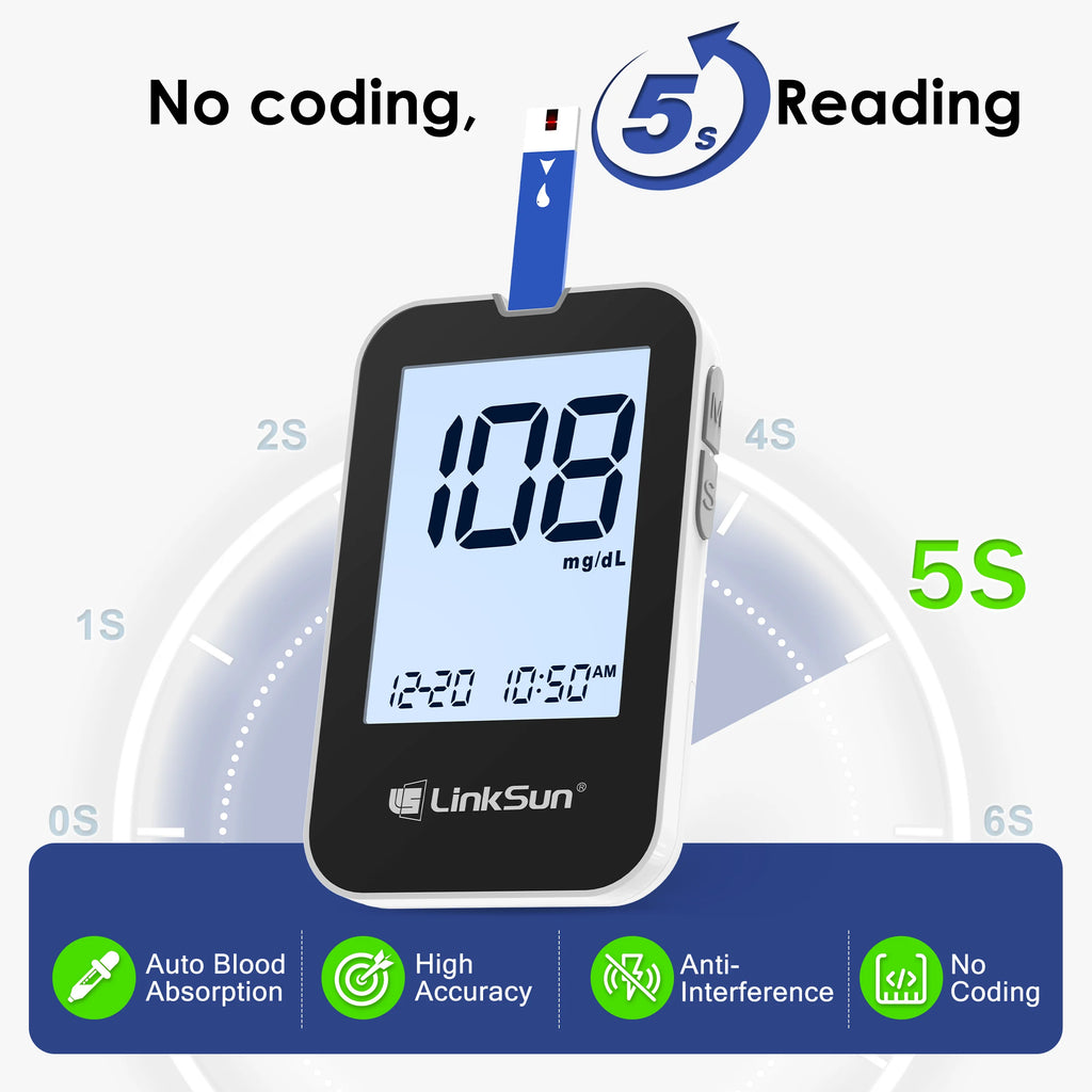 LinkSun G-425-2V Blood Glucose Meter Kit – No Coding Glucometer with Large Display, 5-Second Results for Home Diabetes Testing