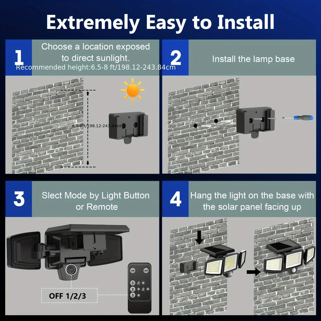 3-Head Solar Outdoor Security Light — Motion Sensor, Wireless Remote, Dimmable LED (1–5 Pack)