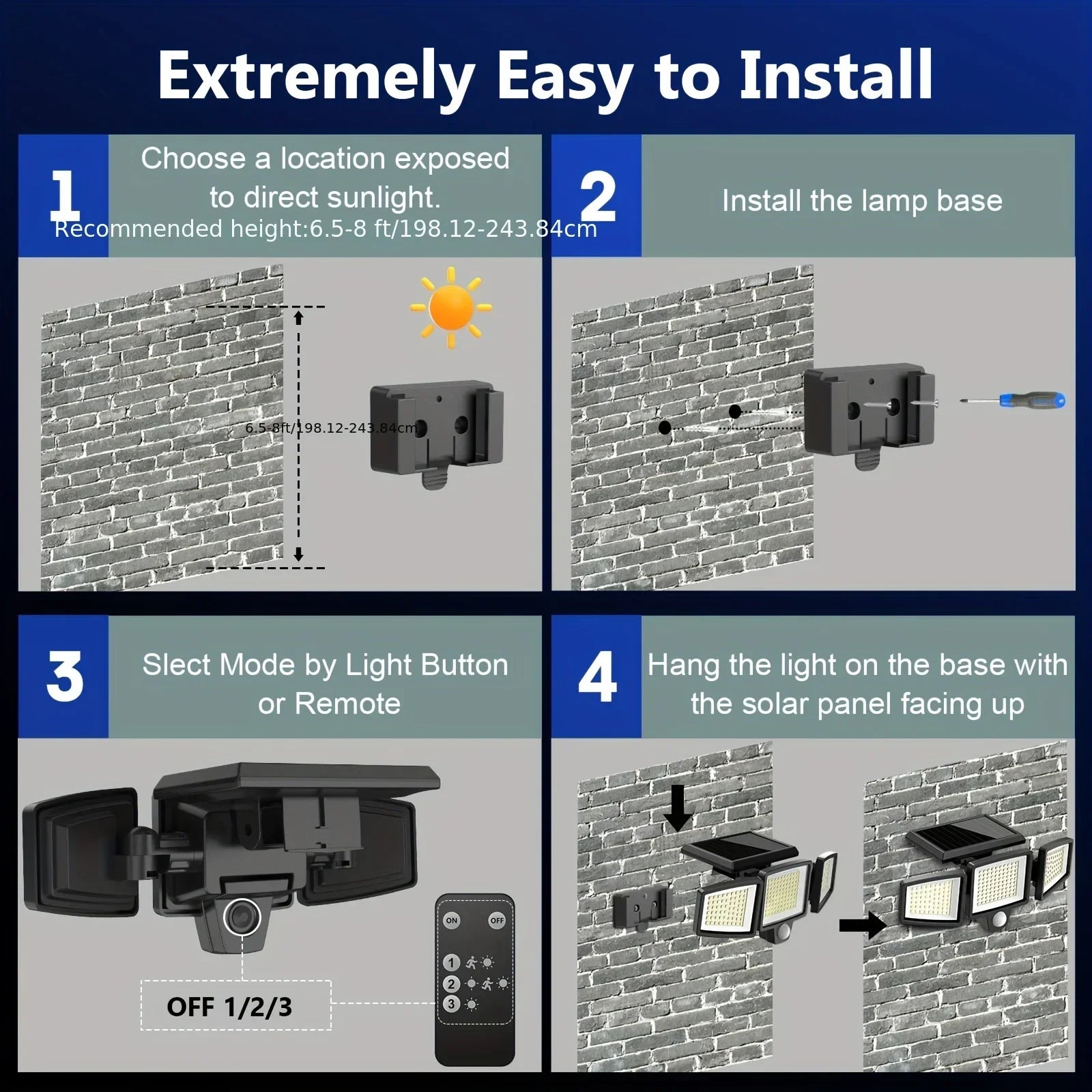 3-Head Solar Outdoor Security Light — Motion Sensor, Wireless Remote, Dimmable LED (1–5 Pack)
