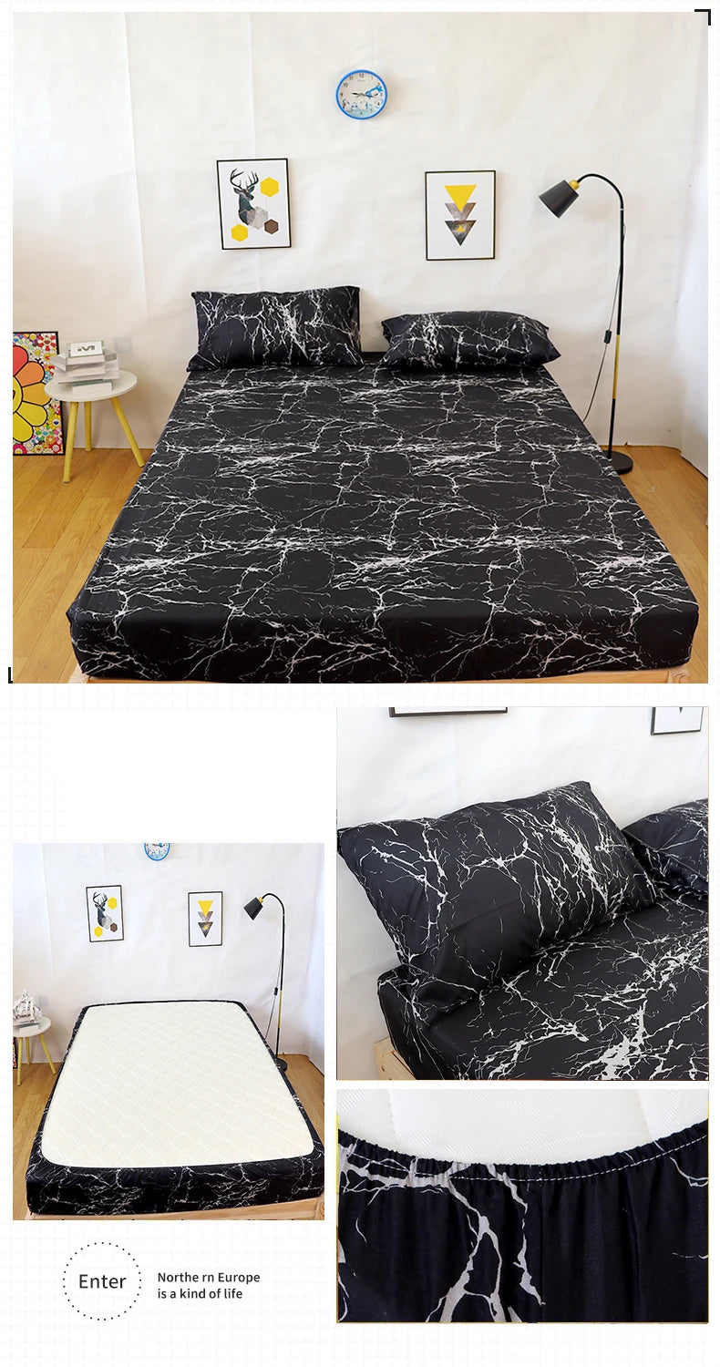 Marble Print Fitted Bed Sheet – Elastic Band, Single to King, All-Around Bed Cover