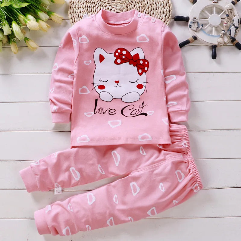 Baby Girl Cartoon Cat Pajamas Set | Long Pants & T-Shirt 2-Piece Girls Clothes 0-6 Years