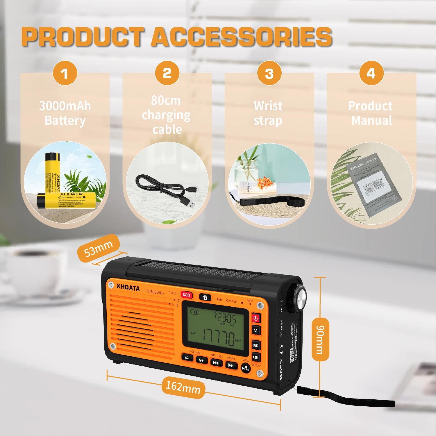 XHDATA D-608WB Emergency Crank Weather Radio — NOAA, Solar & Hand Crank Powered