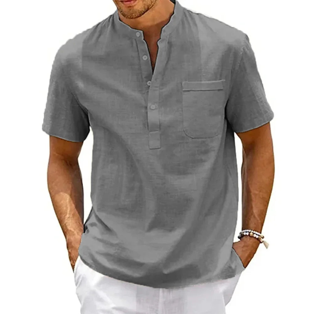 Men's Cotton Linen Henley Beach Short Sleeve Shirt — Lightweight Summer Casual Shirt