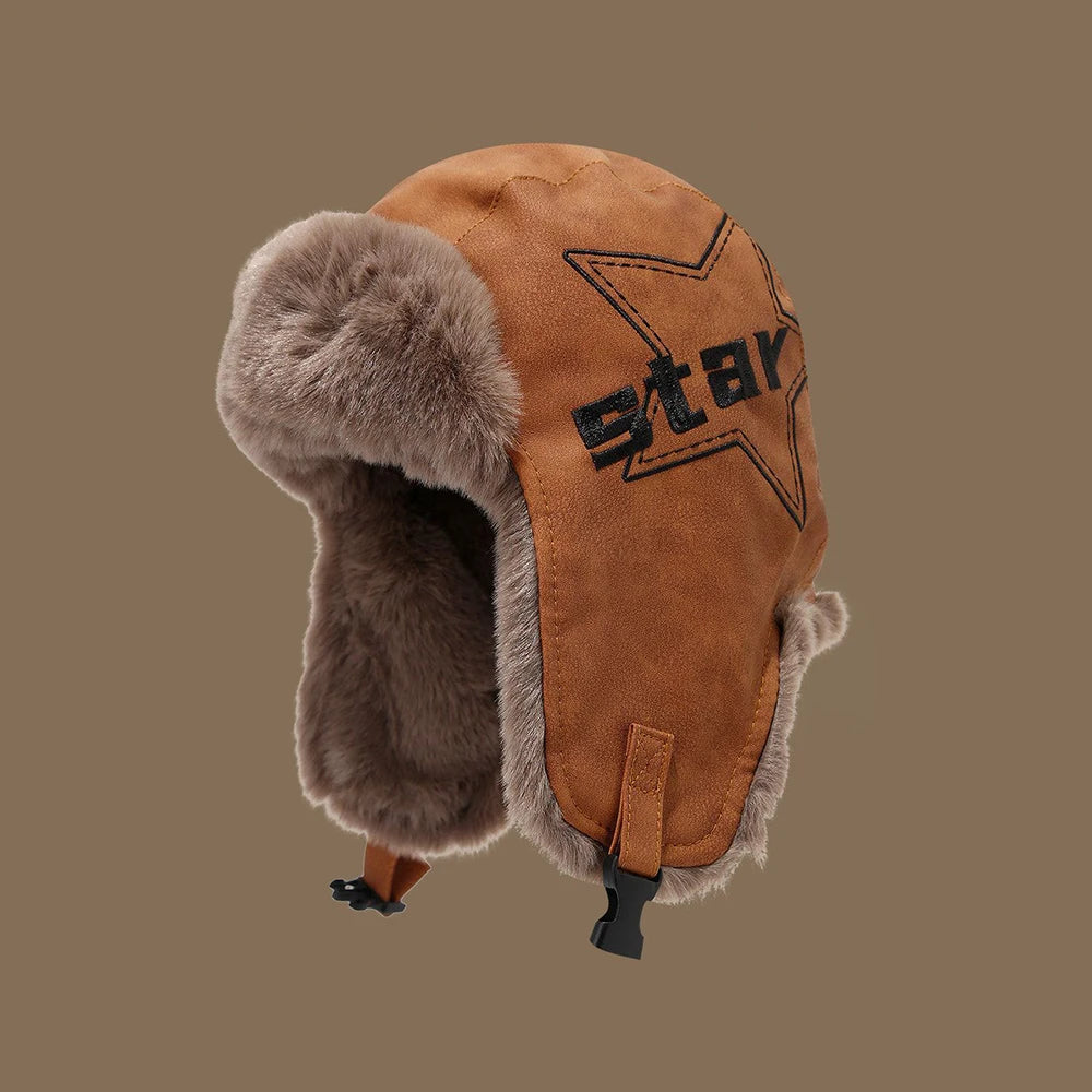 Faux Leather Trapper Hat with Plush Lining and Ear Flaps