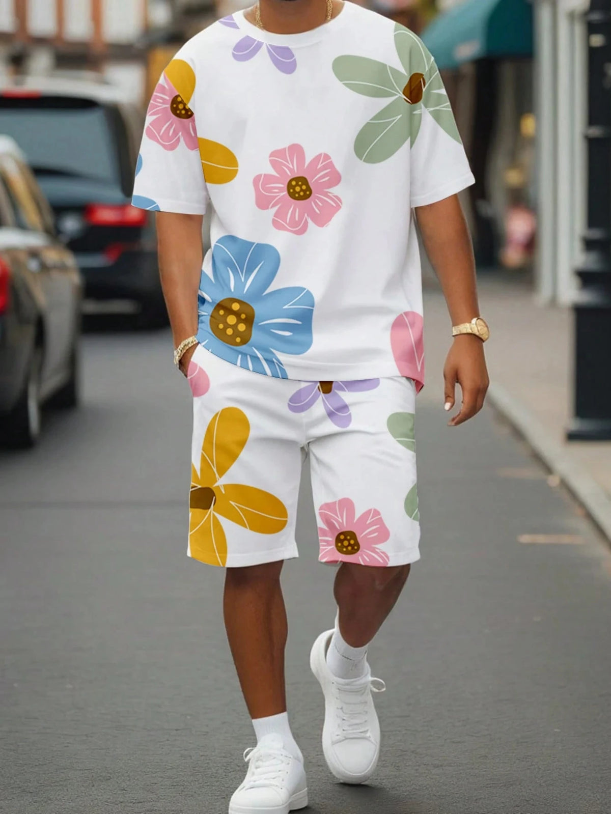 Men's Flower Graphic Print T-Shirt & Elastic Waist Shorts Casual Two-Piece Set