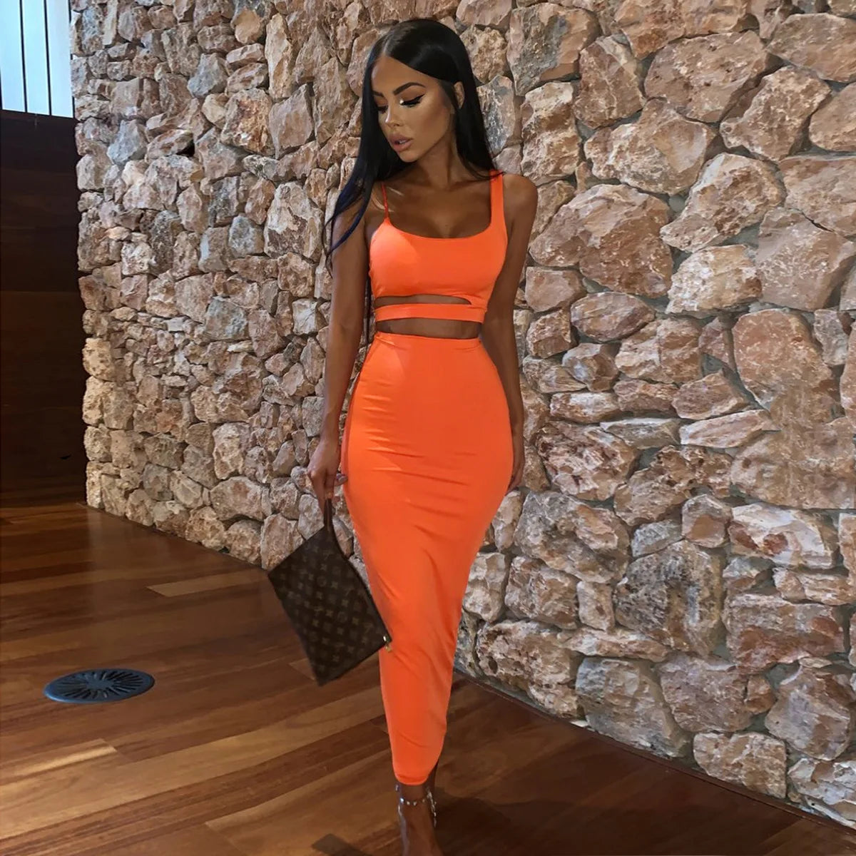 Sexy Pleated Hollow-Out Two-Piece Dress — Elegant Long Night Party Dress