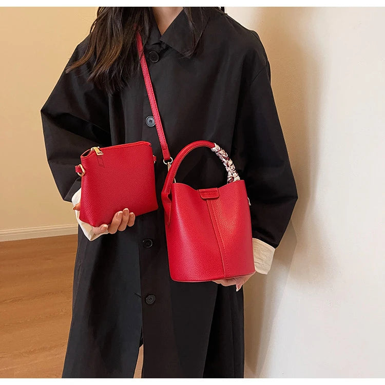 Fashion Simple PU Leather Bucket Shoulder Bag – Luxury Commuter Handbag for Women