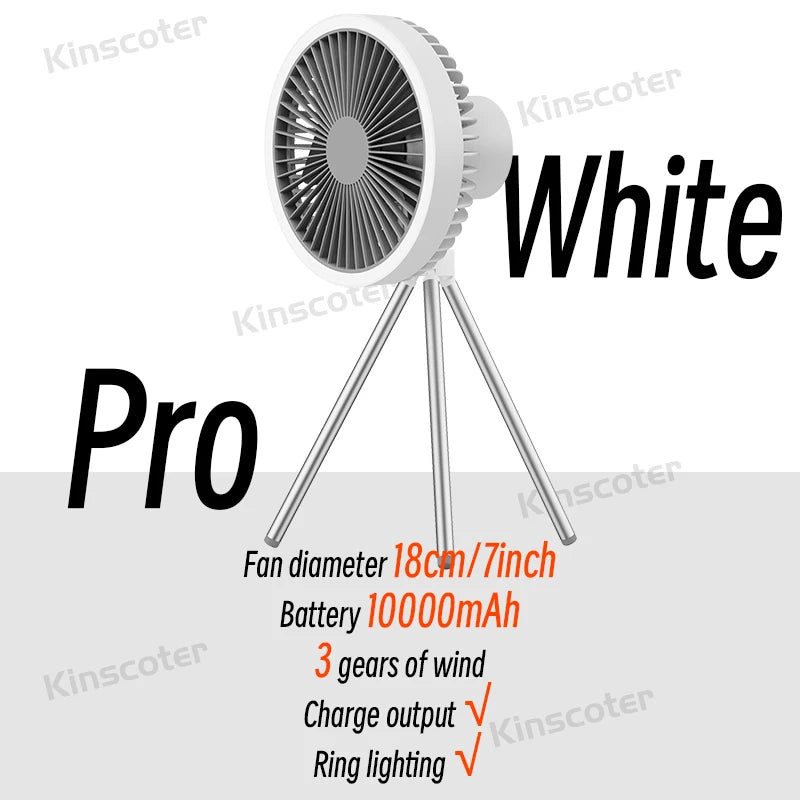 10000mAh Camping Fan – Rechargeable Portable Wireless Ceiling Fan with Power Bank & LED Lighting Tripod