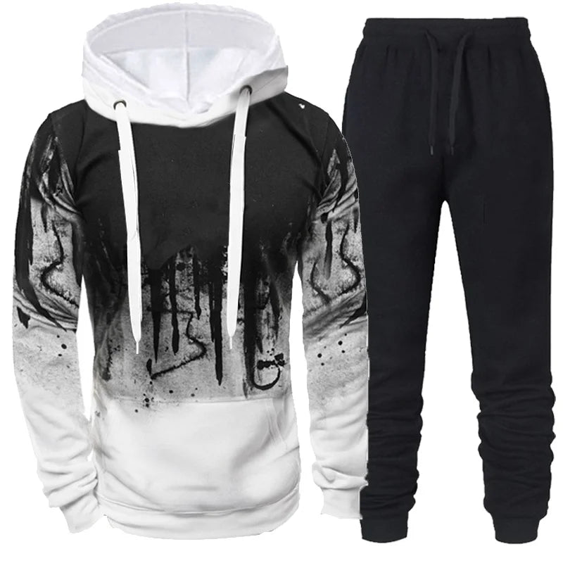 Men's Camouflage 3D Ink Print Hoodie & Jogger Pants Tracksuit Set – 2-Piece