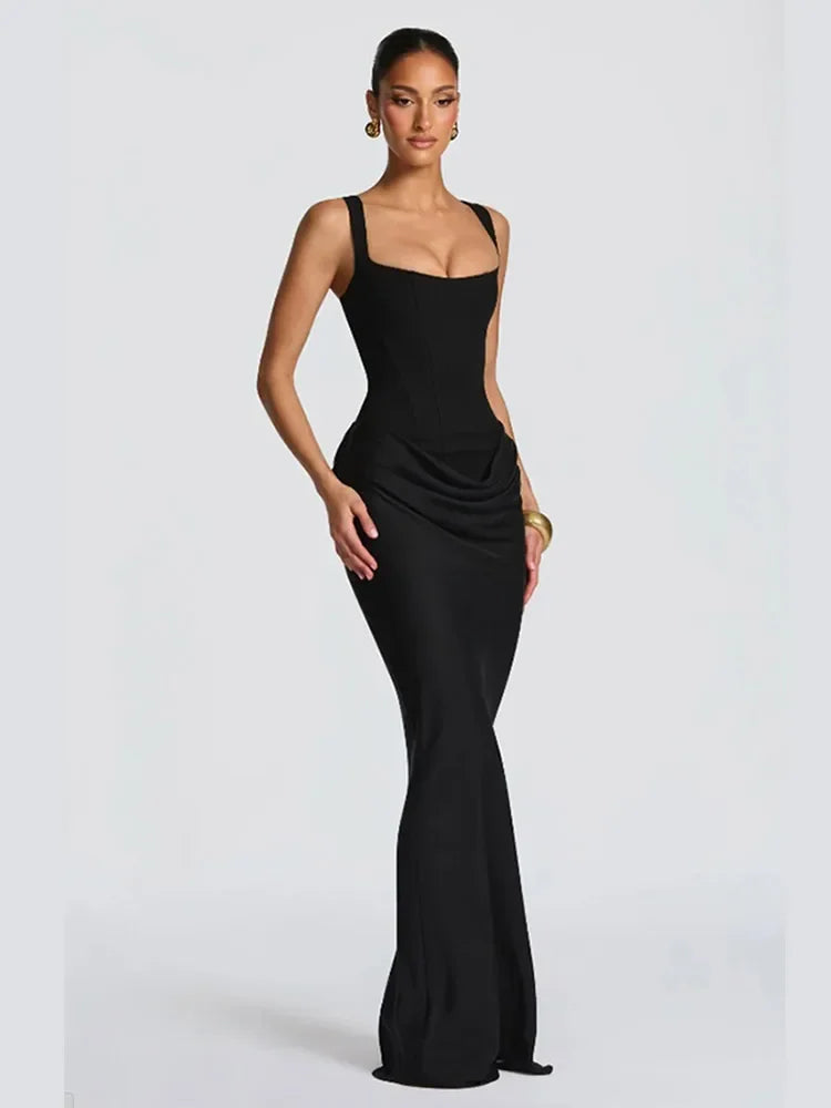 Sexy Strapless Pleated Maxi Dress – Off-Shoulder Backless High Waist Split Evening Party Gown