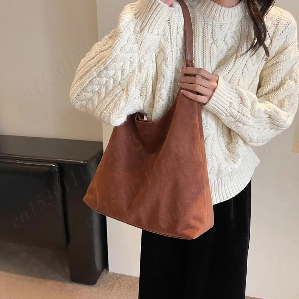 Vintage Suede Large Capacity Shoulder Tote Bag – Stylish Commuter Hobo Handbag for Women