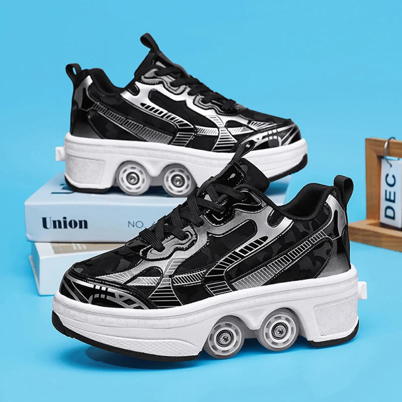 2-in-1 Deform Wheel Roller Skate Shoes – Invisible Removable Pulley, Automatic Walking & Skating Parkour Shoes