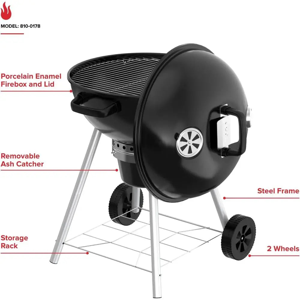 22.5" Charcoal Grill | 362 Sq. In. Cooking Space, Adjustable Air Vent, Built-In Thermometer, Porcelain-Enameled, Storage Rack, Camping & Picnics