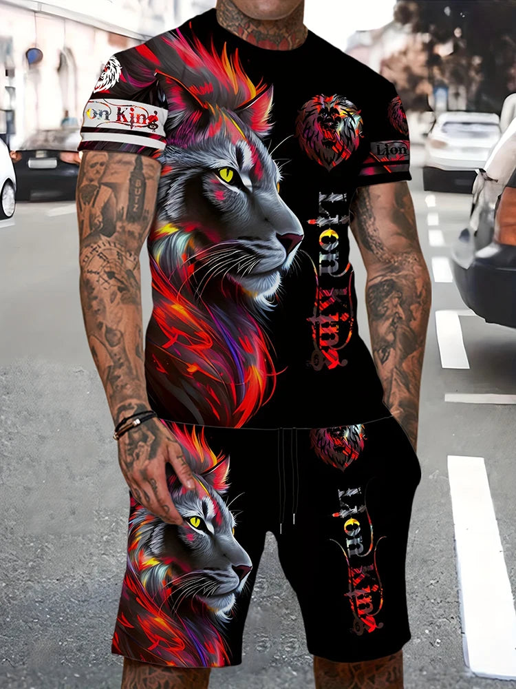 Men's Lion King 3D Print T-Shirt & Drawstring Shorts Set – Casual Outdoor Camping 2-Piece