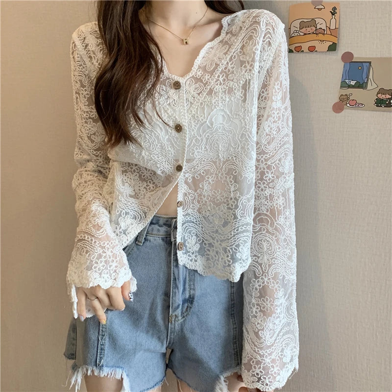 Women's Vintage Sheer Lace Blouse – Long Sleeve See-Through Sun Shirt Korean Style Casual Top