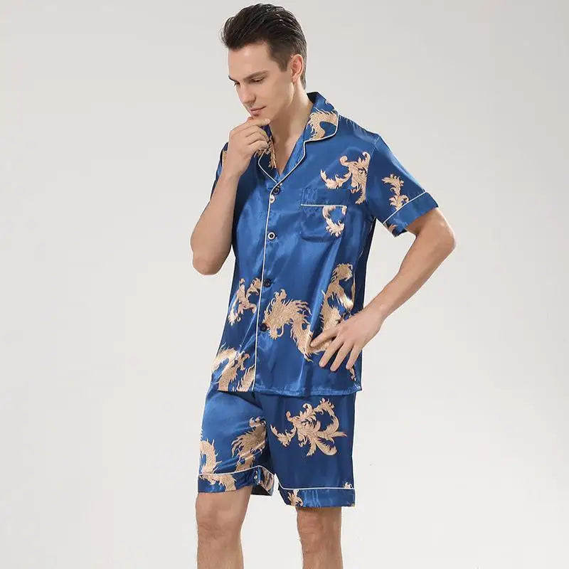 Men's Dragon Print Satin Pajama Set — Lapel Shirt & Shorts