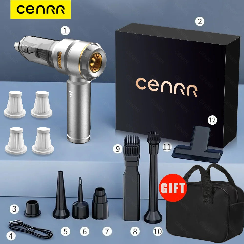 CENRR Wireless Car Vacuum Cleaner — 3-Gear Brushless Motor, 6000mAh, 9 Accessories, USB-C Charging