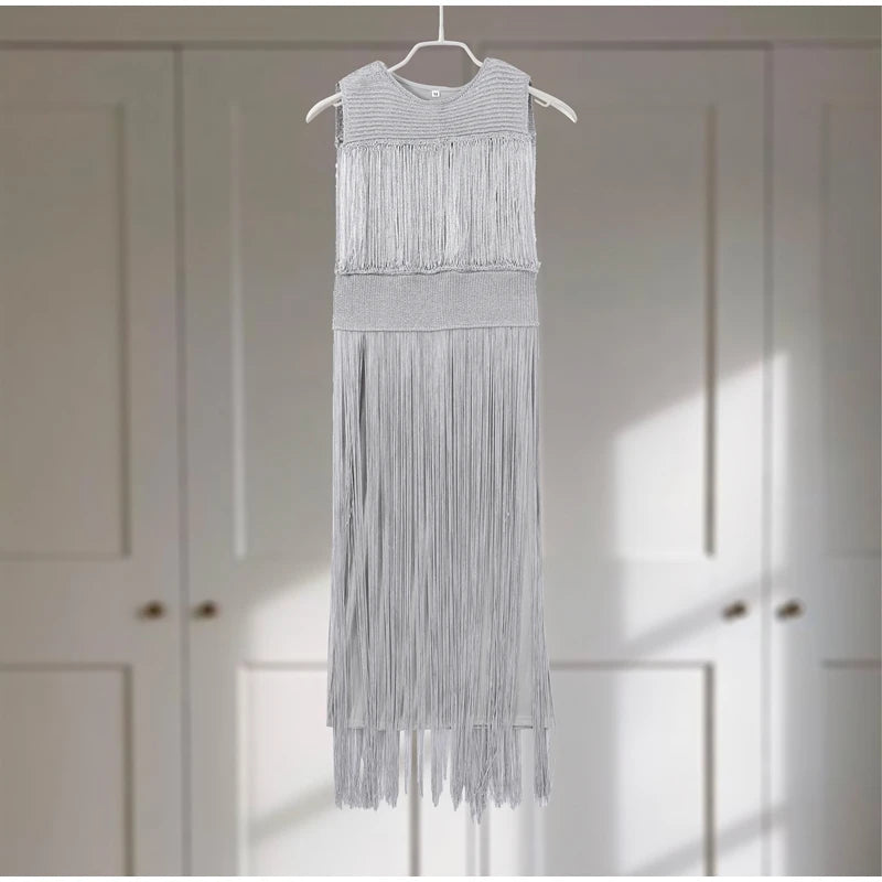 Sequin Tassel Evening Dress — Sleeveless O-Neck High Waist Slim Long Party Dress