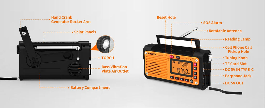 XHDATA D-608WB Emergency Crank Weather Radio — NOAA, Solar & Hand Crank Powered