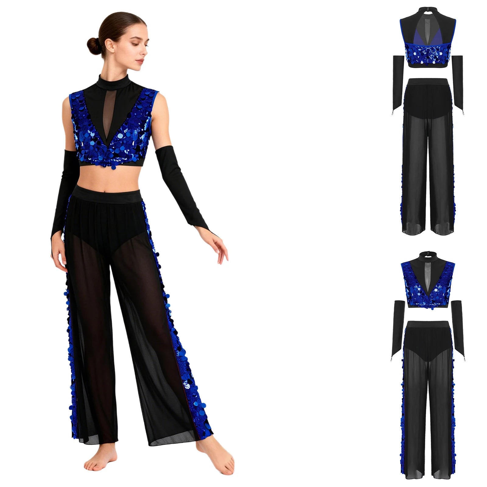 Women's Dance Performance Costume – Shiny Crop Top & Sheer Pants for Skating, Gymnastics & Ballet